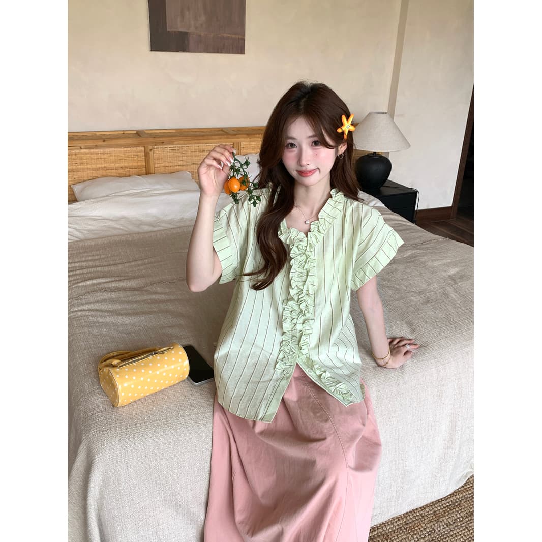 여름 애플 그린 스트라이프 반팔 여성 셔츠 2026 새로운 Chic 루즈핏 프릴 V넥 Chic 맨위 ins 이미지 5