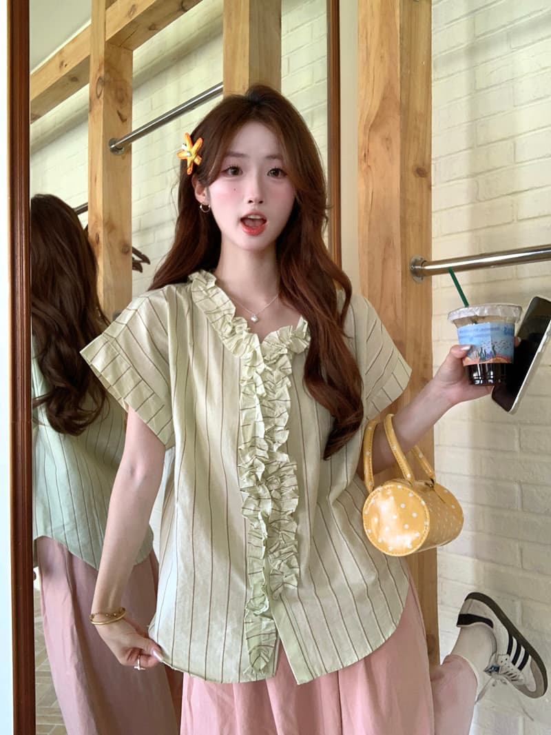 여름 애플 그린 스트라이프 반팔 여성 셔츠 2026 새로운 Chic 루즈핏 프릴 V넥 Chic 맨위 ins 상세 이미지 8