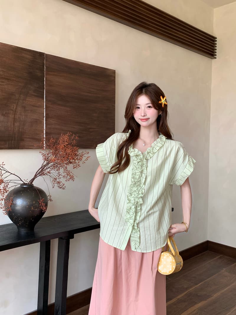 여름 애플 그린 스트라이프 반팔 여성 셔츠 2026 새로운 Chic 루즈핏 프릴 V넥 Chic 맨위 ins 상세 이미지 9