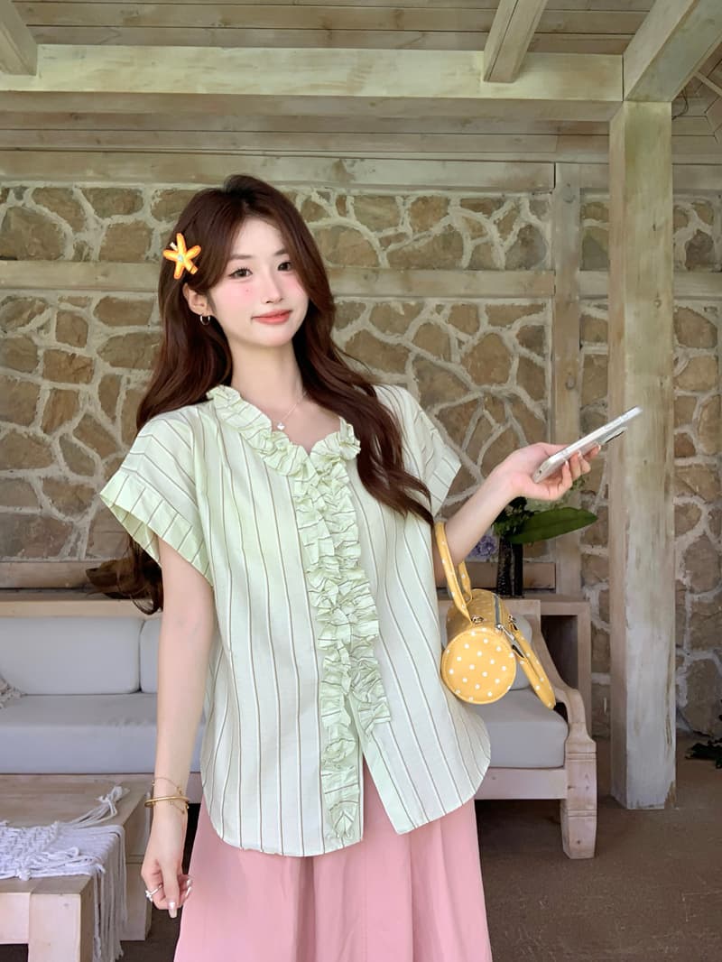 여름 애플 그린 스트라이프 반팔 여성 셔츠 2026 새로운 Chic 루즈핏 프릴 V넥 Chic 맨위 ins 상세 이미지 11