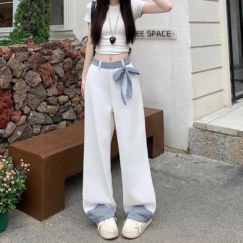 실사 정가 체크무늬 패치워크 나비 매듭 스트랩 청바지 여성 새로운 하이웨이스트 루즈핏 슬림해 보이는 와이드 레그 팬츠 어린이 상세 이미지 5