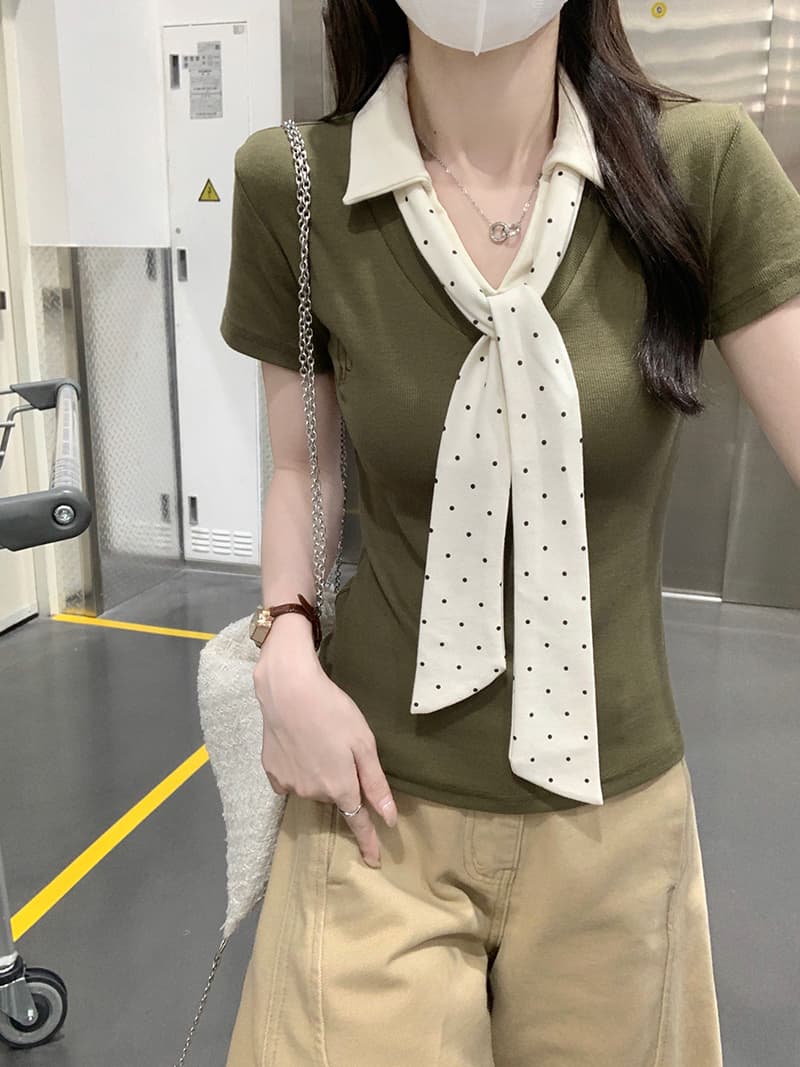 실사 반팔 티셔츠 여성 의류 여름 새로운 트렌디 몸매 가꾸기 슬림해 보이는 도트 무늬 스카프 배색 POLO 칼라 맨위 상세 이미지 7