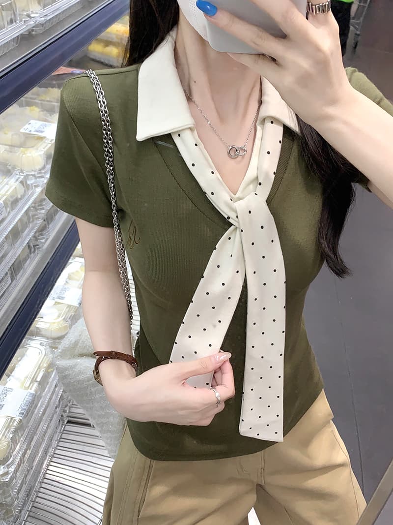 실사 반팔 티셔츠 여성 의류 여름 새로운 트렌디 몸매 가꾸기 슬림해 보이는 도트 무늬 스카프 배색 POLO 칼라 맨위 상세 이미지 11