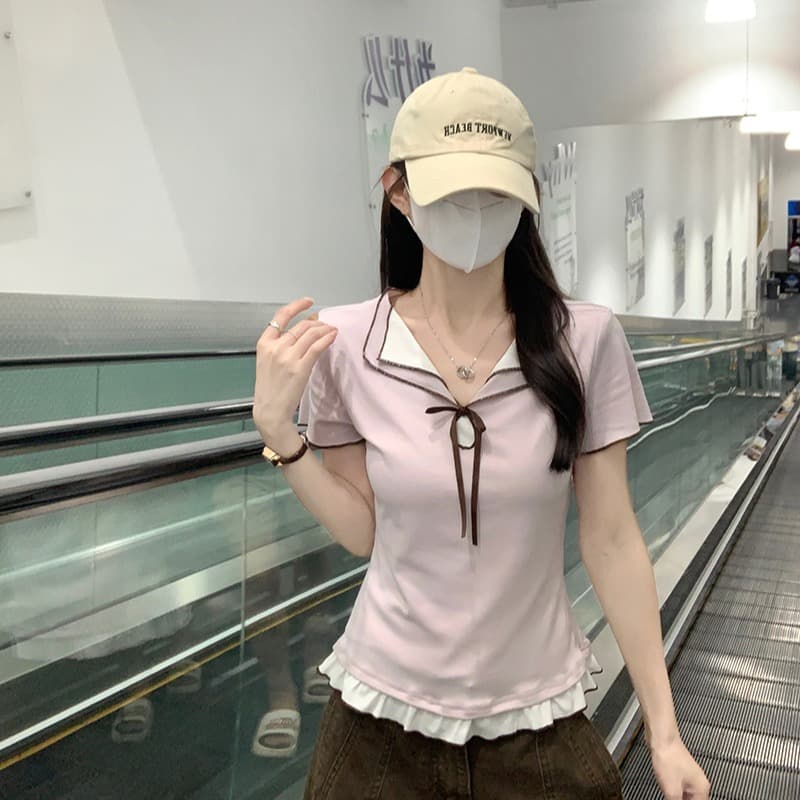 실사 반팔 티셔츠 여성 의류 여름 새로운 트렌디 몸매 가꾸기 슬림해 보이는 프릴 패치워크 페이크 레이어드 V넥 맨위 이미지 2