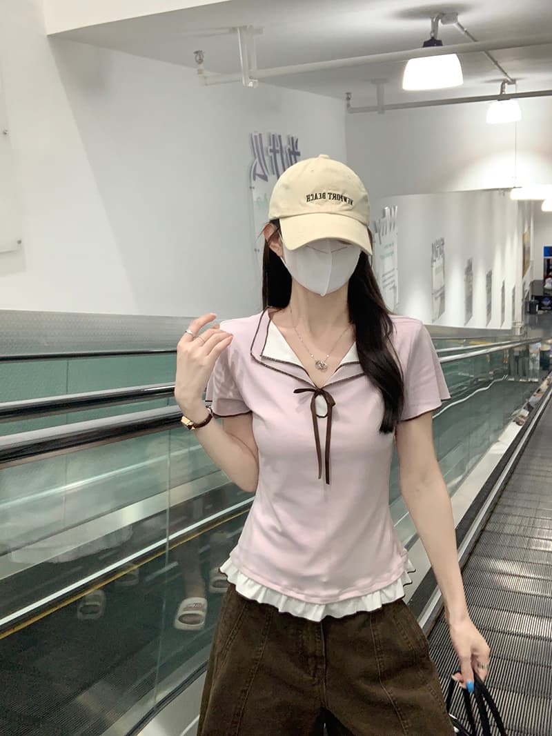 실사 반팔 티셔츠 여성 의류 여름 새로운 트렌디 몸매 가꾸기 슬림해 보이는 프릴 패치워크 페이크 레이어드 V넥 맨위 상세 이미지 12