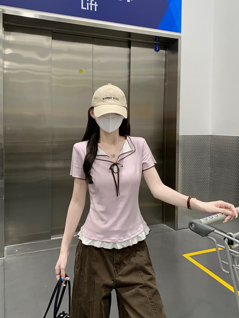 실사 반팔 티셔츠 여성 의류 여름 새로운 트렌디 몸매 가꾸기 슬림해 보이는 프릴 패치워크 페이크 레이어드 V넥 맨위 상세 이미지 14