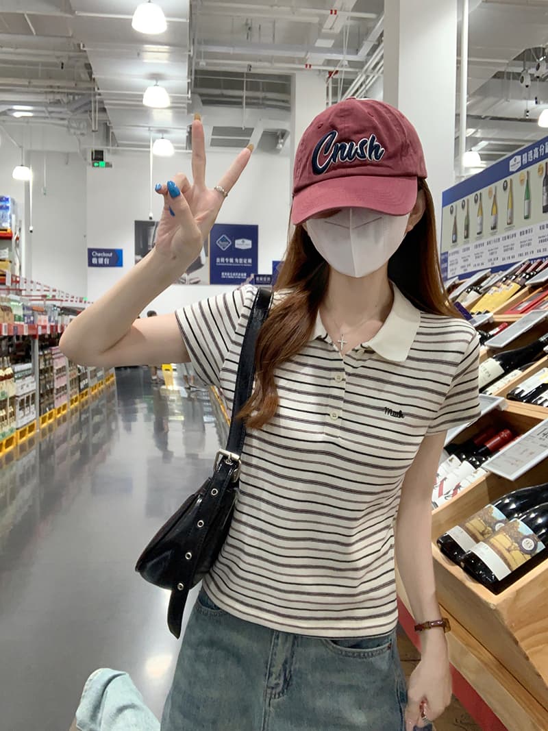 실사 반팔 티셔츠 여성 의류 여름 새로운 디자인 센스 아메리칸 스트라이프 자수 배색 POLO 칼라 맨위 상세 이미지 8