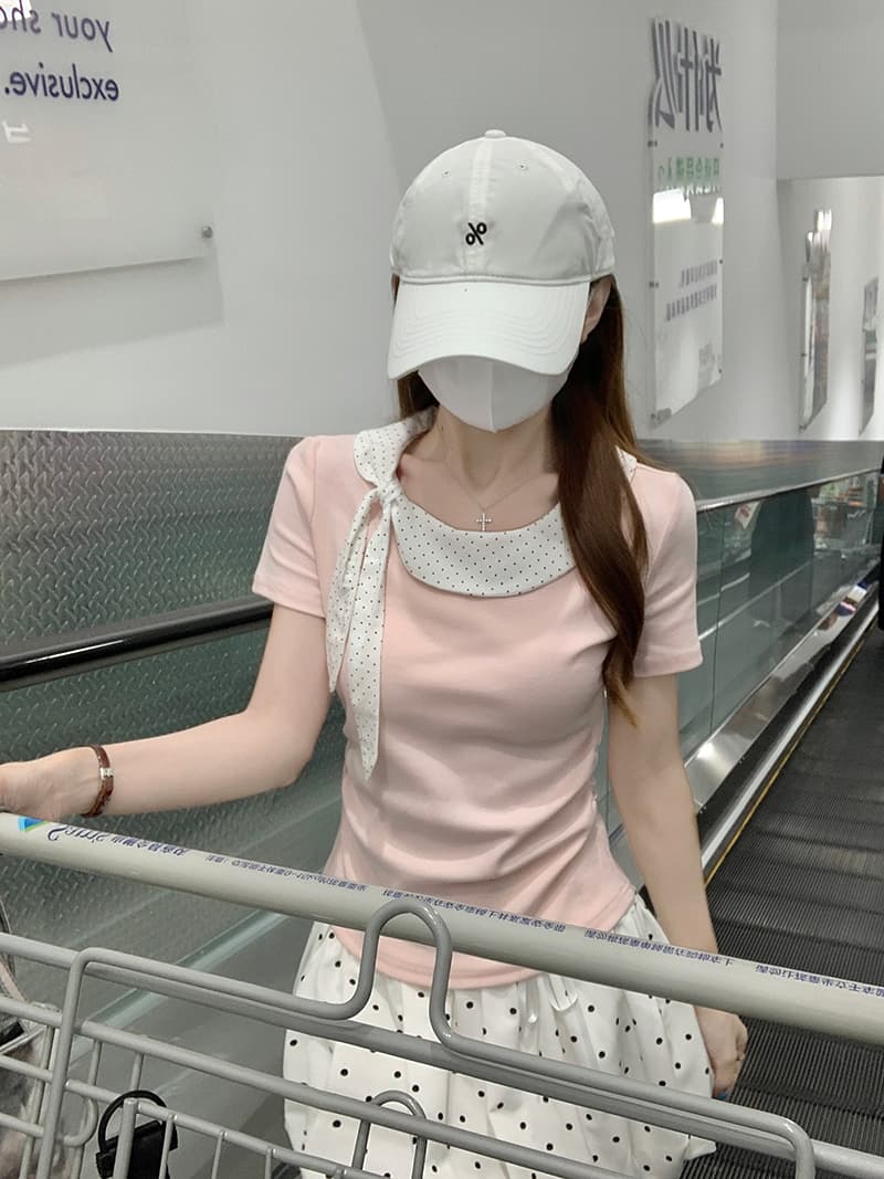실사 영구하다 유 현대 컬러 바 250그램 반팔 티셔츠 여성 의류 여름 새로운 몸매 가꾸기 도트 무늬 베이비 칼라 맨위 이미지 5