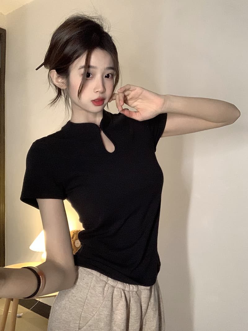 실사 새로운 중식 1 1 리브 210 그램 반팔 티셔츠 2026 여름 단색 몸매 가꾸기 긍정적 인 어깨 스탠드 칼라 여성 의류 맨위 상세 이미지 19