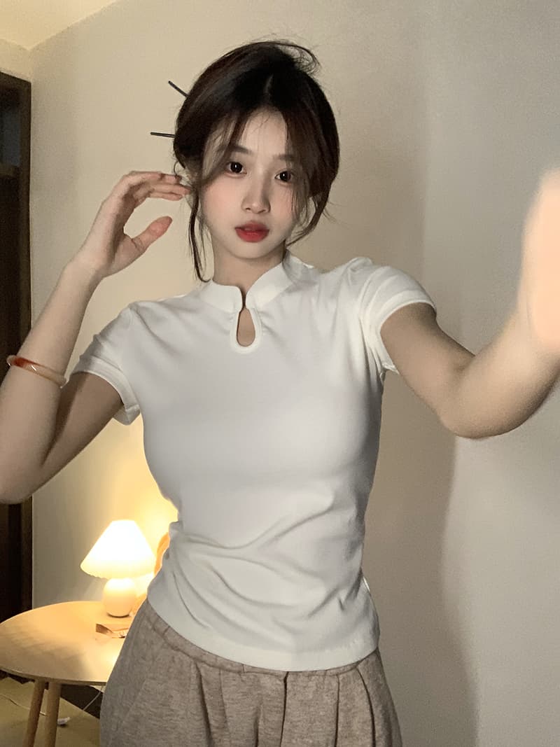 실사 새로운 중식 1 1 리브 210 그램 반팔 티셔츠 2026 여름 단색 몸매 가꾸기 긍정적 인 어깨 스탠드 칼라 여성 의류 맨위 상세 이미지 27