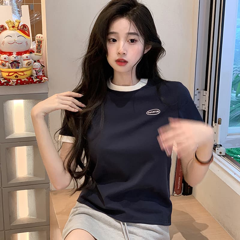 실사 210 그램 리브 반팔 티셔츠 여름 2026 트렌디 배색 라운드 넥 프린트 긍정적 인 어깨 몸매 가꾸기 쇼트 스타일 맨위 여성 의류 이미지 3