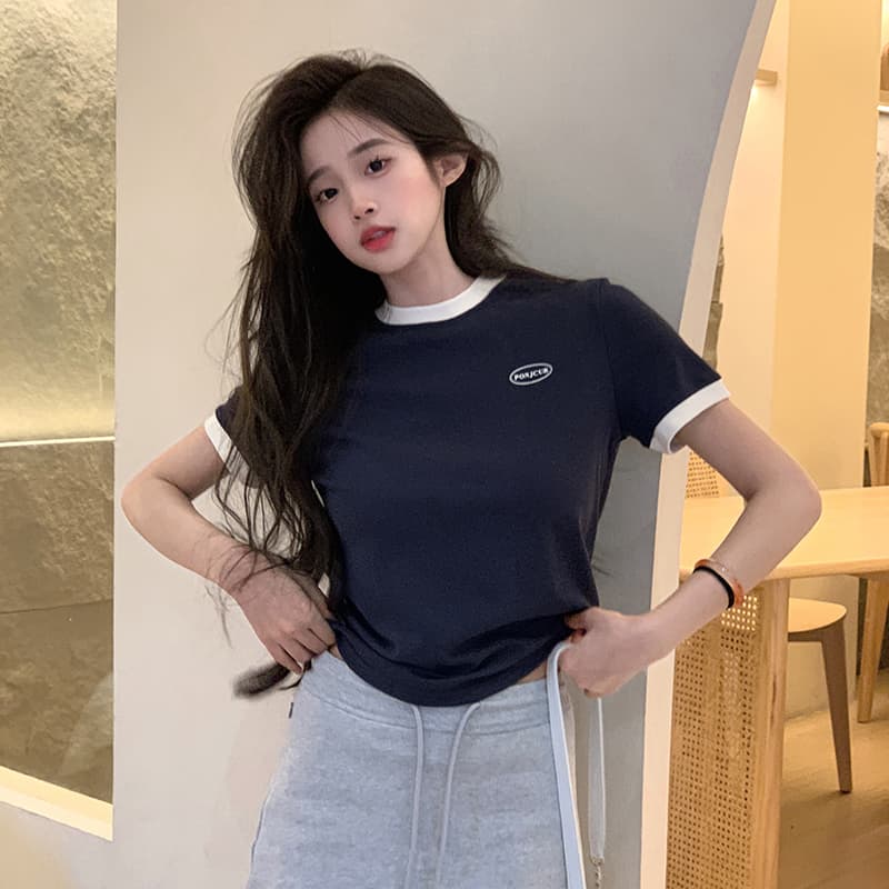 실사 210 그램 리브 반팔 티셔츠 여름 2026 트렌디 배색 라운드 넥 프린트 긍정적 인 어깨 몸매 가꾸기 쇼트 스타일 맨위 여성 의류 이미지 5