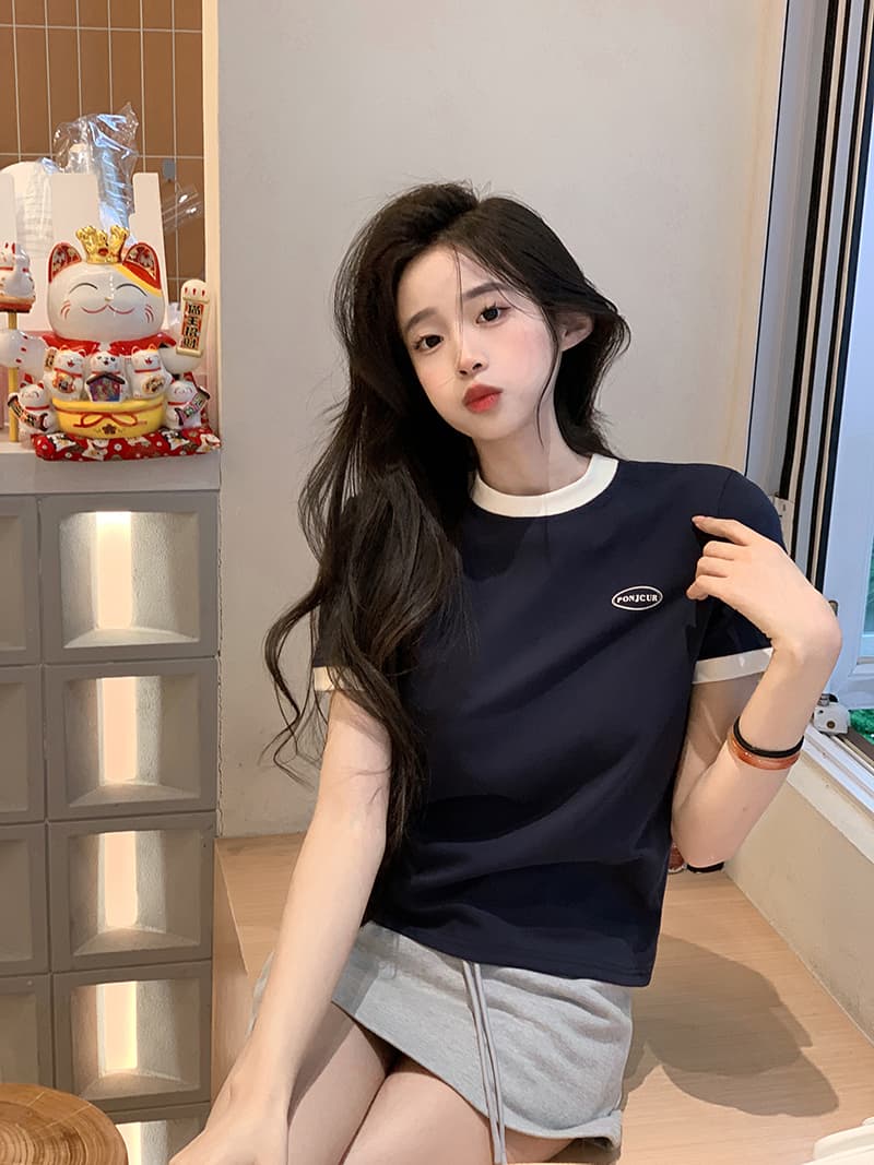 실사 210 그램 리브 반팔 티셔츠 여름 2026 트렌디 배색 라운드 넥 프린트 긍정적 인 어깨 몸매 가꾸기 쇼트 스타일 맨위 여성 의류 상세 이미지 12