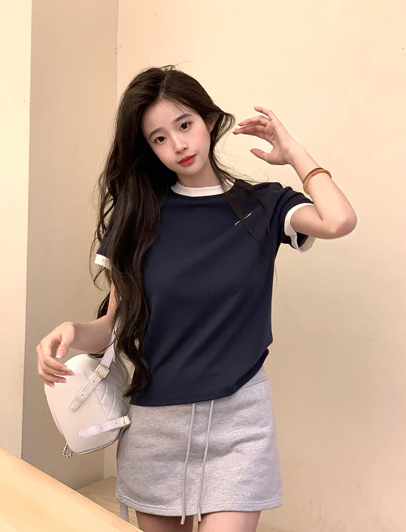 실사 210 그램 리브 반팔 티셔츠 여름 2026 트렌디 배색 라운드 넥 프린트 긍정적 인 어깨 몸매 가꾸기 쇼트 스타일 맨위 여성 의류 상세 이미지 17