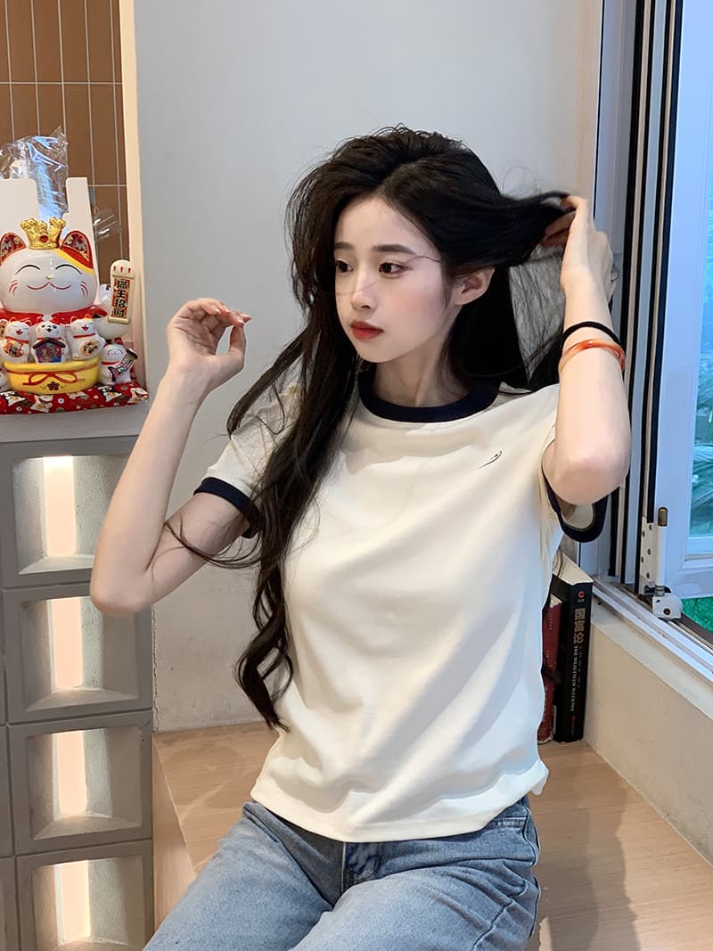 실사 210 그램 리브 반팔 티셔츠 여름 2026 트렌디 배색 라운드 넥 프린트 긍정적 인 어깨 몸매 가꾸기 쇼트 스타일 맨위 여성 의류 상세 이미지 21