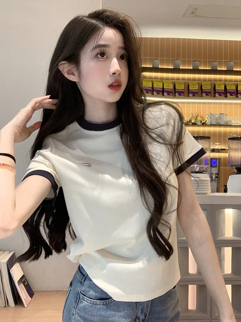 실사 210 그램 리브 반팔 티셔츠 여름 2026 트렌디 배색 라운드 넥 프린트 긍정적 인 어깨 몸매 가꾸기 쇼트 스타일 맨위 여성 의류 상세 이미지 23