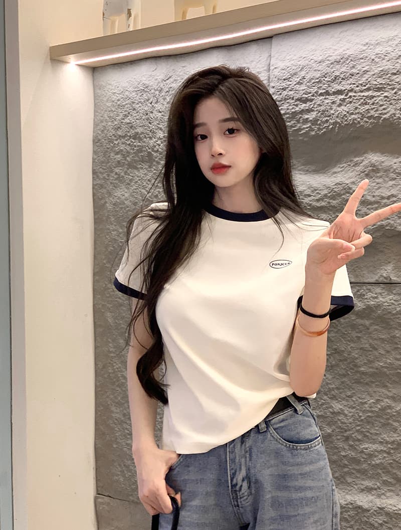 실사 210 그램 리브 반팔 티셔츠 여름 2026 트렌디 배색 라운드 넥 프린트 긍정적 인 어깨 몸매 가꾸기 쇼트 스타일 맨위 여성 의류 상세 이미지 28