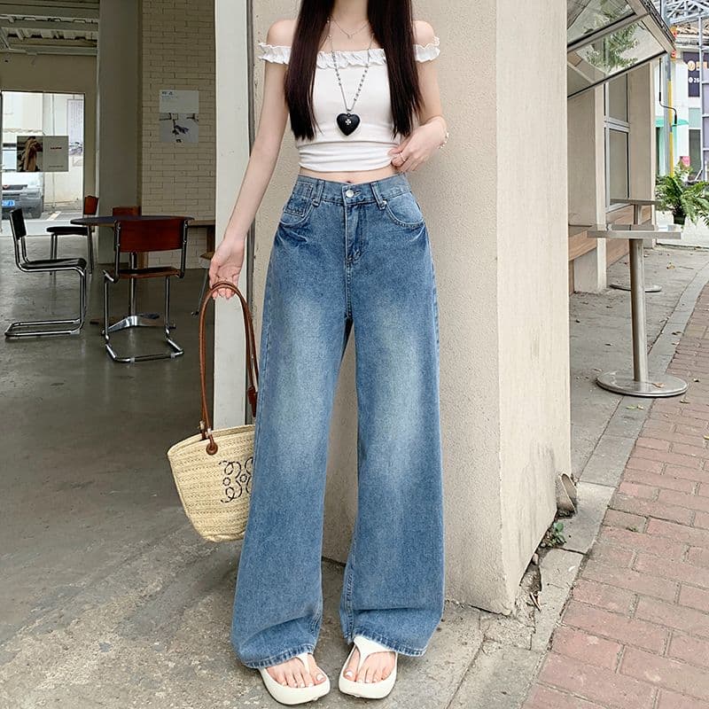 실사 정가 아메리칸 레트로 넓은 다리 청바지 여성 새로운 작은 대중 로우 웨이스트 워싱 다용도 도루 센스 스트레이트 팬츠 이미지 3