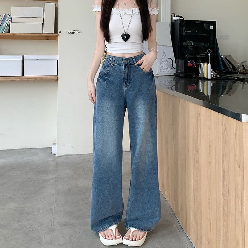 실사 정가 아메리칸 레트로 넓은 다리 청바지 여성 새로운 작은 대중 로우 웨이스트 워싱 다용도 도루 센스 스트레이트 팬츠 상세 이미지 1