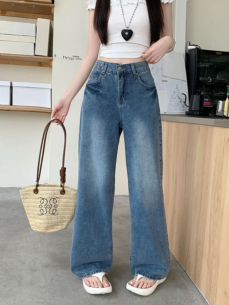 실사 정가 아메리칸 레트로 넓은 다리 청바지 여성 새로운 작은 대중 로우 웨이스트 워싱 다용도 도루 센스 스트레이트 팬츠 상세 이미지 2