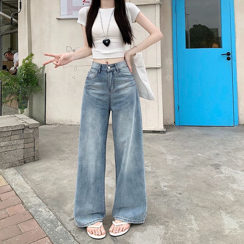실사 정가 아메리칸 레트로 워싱 스트레이트 청바지 여성 새로운 하이웨이스트 루즈핏 슬림해 보이는 도루 센스 와이드 레그 팬츠 상세 이미지 7