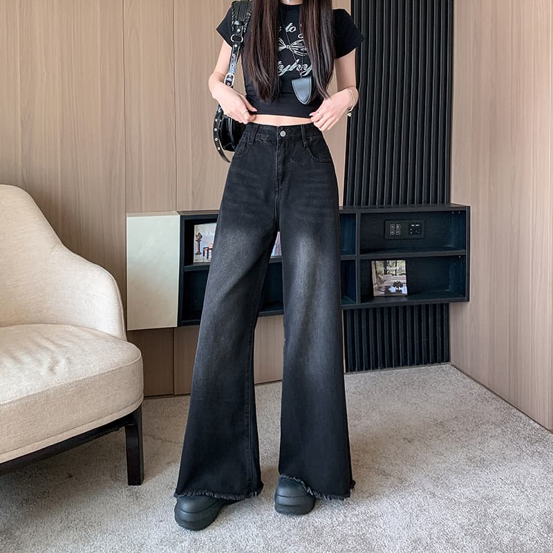 실사 정가 아메리칸 레트로 검정색 청바지 거친 가장자리 와이드 레깅스 바지 봄 하이웨이스트 바닥 청소 바지 롱 바지 이미지 4