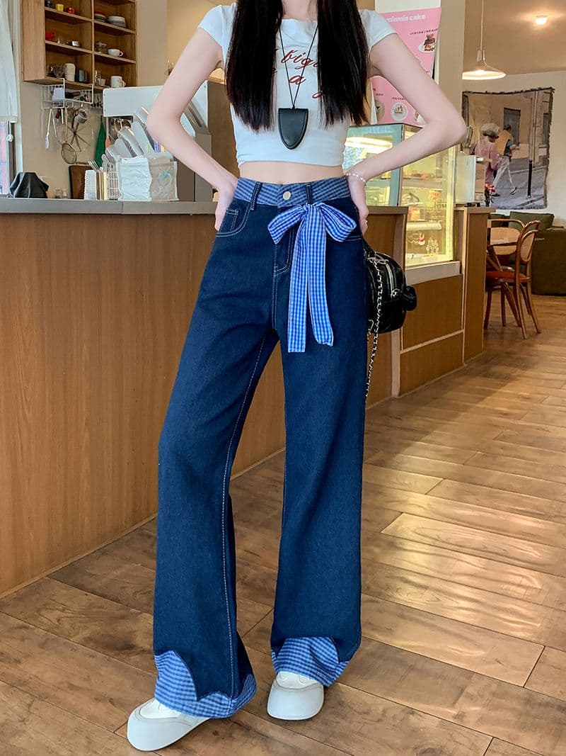 실사 정가 패치워크 루즈핏 넓은 다리 청바지 여성 2026 봄 나비 매듭 스트랩 스트레이트 바닥 청소 바지 상세 이미지 3