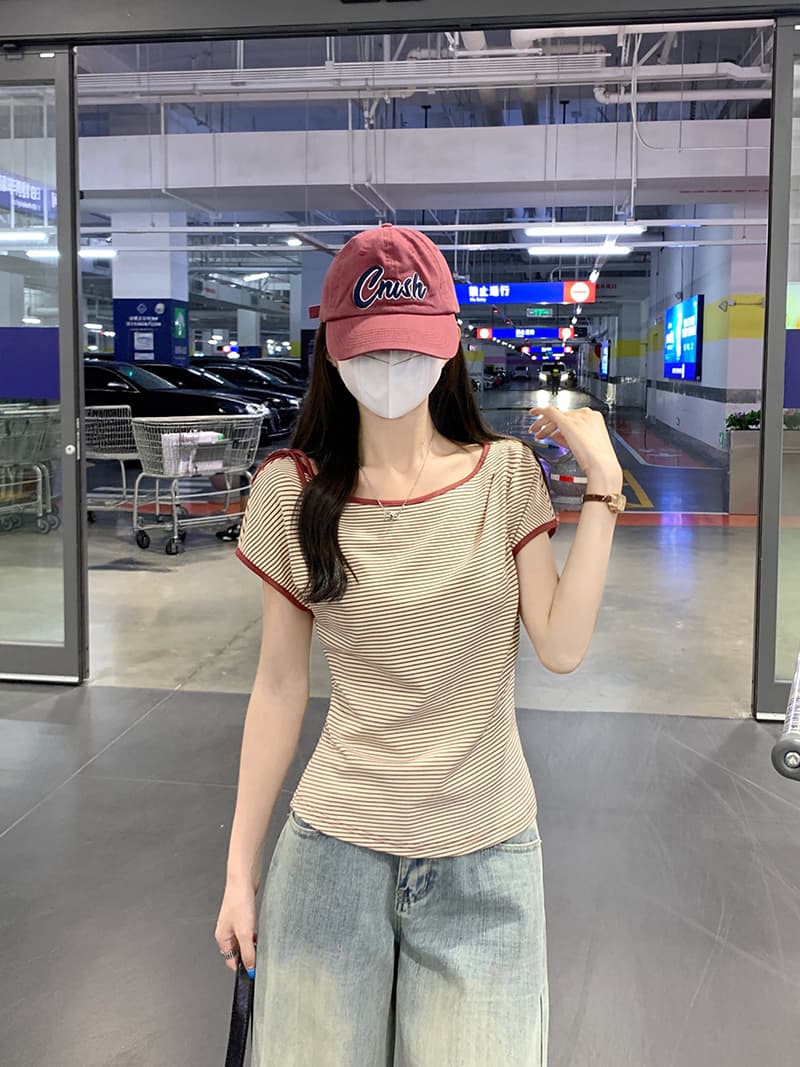 실사 원본 스트라이프 반팔 티셔츠 여성 의류 여름 새로운 한 부서 스트랩 아메리칸 스트라이프 대 라운드 넥 맨위 상세 이미지 13