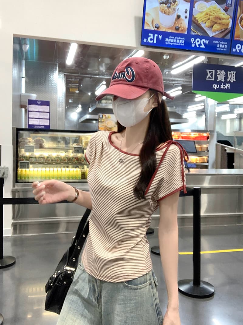 실사 원본 스트라이프 반팔 티셔츠 여성 의류 여름 새로운 한 부서 스트랩 아메리칸 스트라이프 대 라운드 넥 맨위 상세 이미지 14