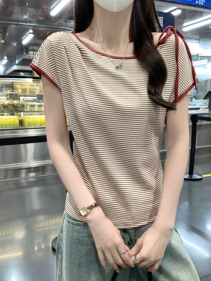 실사 원본 스트라이프 반팔 티셔츠 여성 의류 여름 새로운 한 부서 스트랩 아메리칸 스트라이프 대 라운드 넥 맨위 이미지 3