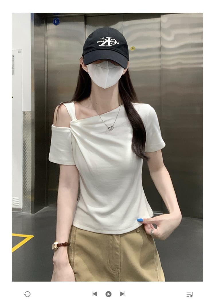실사 반팔 티셔츠 여성 의류 여름 새로운 트렌디 한 부서 디자인 센스 몸매 가꾸기 슬림해 보이는 단색 비스듬한 칼라 맨위 상세 이미지 1