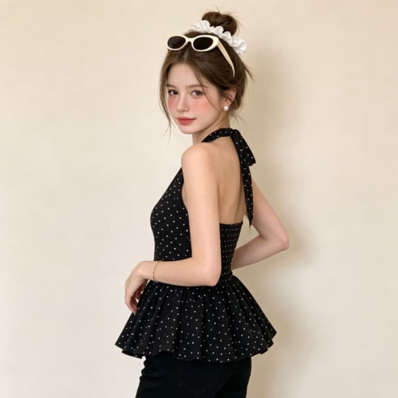 검정색 도트 무늬 행침 목 민소매 캐미솔 여름 달콤한 매운맛 chic 한 부서 고급 센스 퍼프 꽃밭 맨위 상세 이미지 2