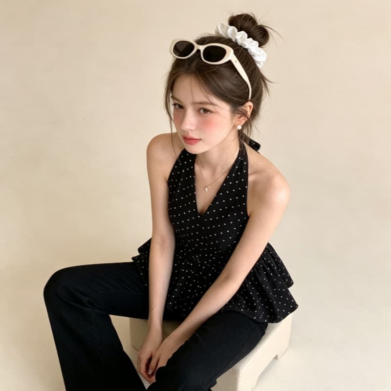 검정색 도트 무늬 행침 목 민소매 캐미솔 여름 달콤한 매운맛 chic 한 부서 고급 센스 퍼프 꽃밭 맨위 상세 이미지 3