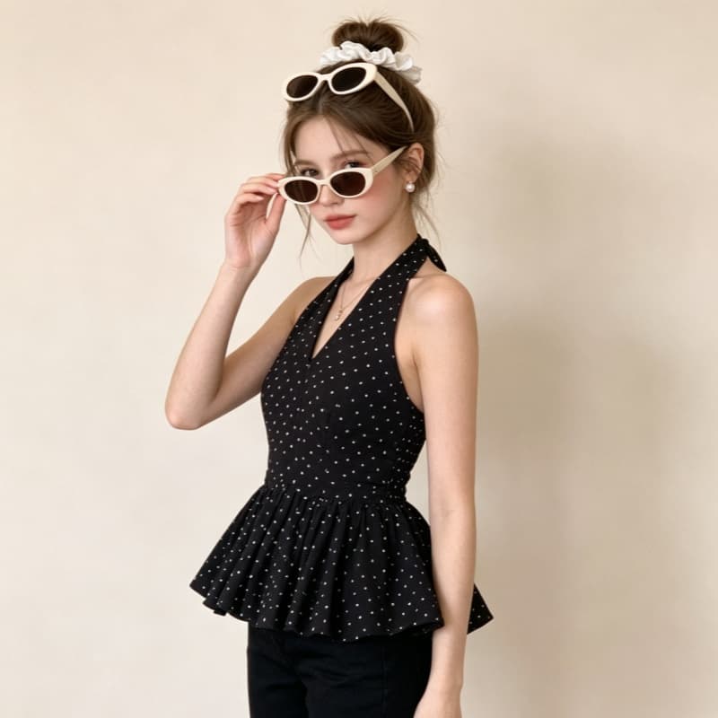 검정색 도트 무늬 행침 목 민소매 캐미솔 여름 달콤한 매운맛 chic 한 부서 고급 센스 퍼프 꽃밭 맨위 상세 이미지 5