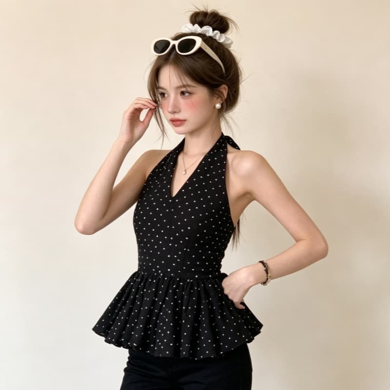 검정색 도트 무늬 행침 목 민소매 캐미솔 여름 달콤한 매운맛 chic 한 부서 고급 센스 퍼프 꽃밭 맨위 상세 이미지 8