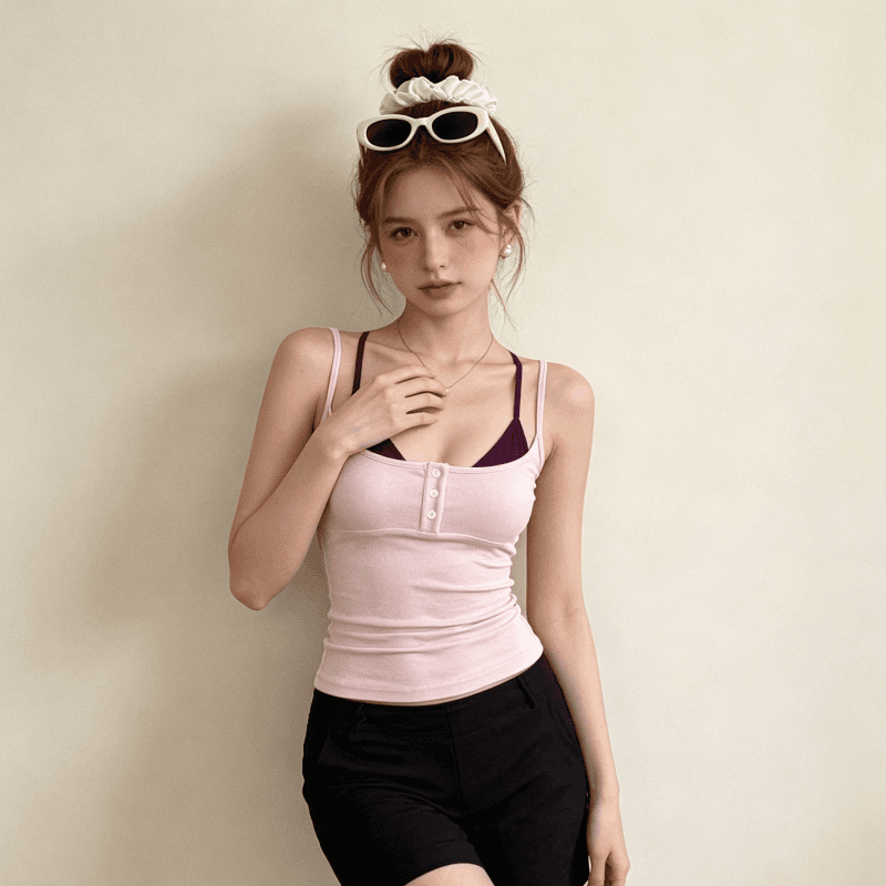한국 스타일 배색 페이크 레이어드 캐미솔 여름 몸매 가꾸기 슬림해 보이는 핫걸 품격 민소매 맨위 이미지 4