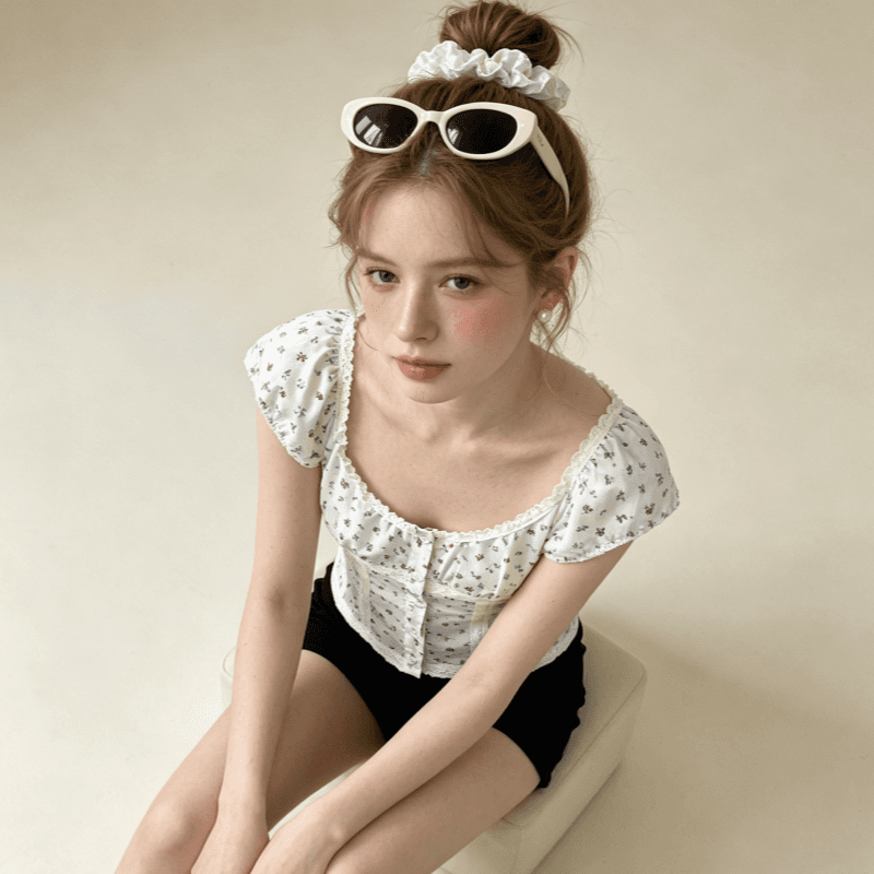 한 부서 품격 고급 센스 달콤함 귀여운 바람 순수한 욕망 꽃무늬 허리 수축 몸매 가꾸기 반팔 맨위 여성 이미지 4