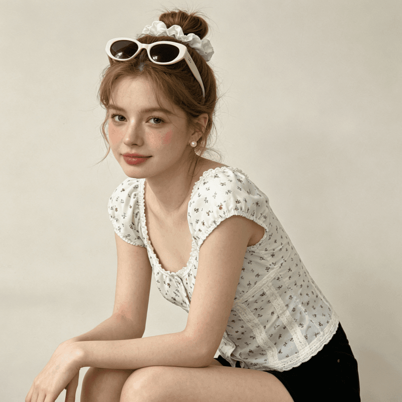 한 부서 품격 고급 센스 달콤함 귀여운 바람 순수한 욕망 꽃무늬 허리 수축 몸매 가꾸기 반팔 맨위 여성 상세 이미지 7