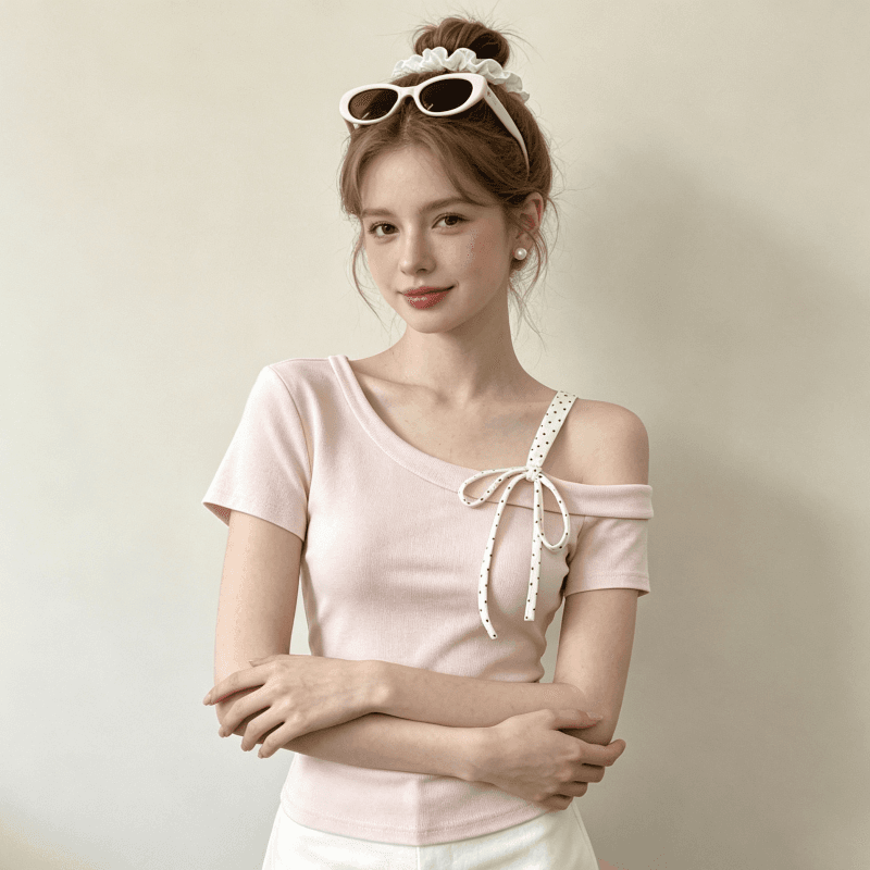 한 부서 비스듬한 어깨 나비 매듭 슬립 반팔 티셔츠 여성 싱글 측면 오프숄더 주름 허리 수축 순수한 욕망 바람 쇼트 스타일 맨위 상세 이미지 4