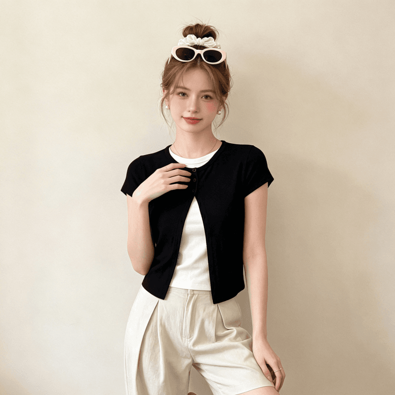 반팔 티셔츠 여성 의류 여름 새로운 트렌디 한 부서 몸매 가꾸기 슬림해 보이는 페이크 레이어드 단추 라운드 넥 맨위 이미지 2