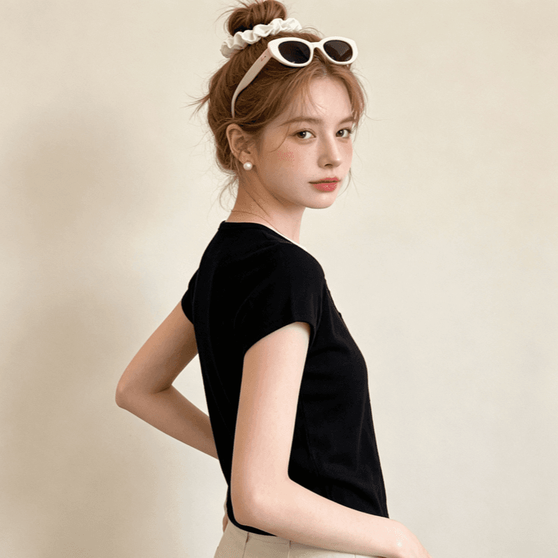 반팔 티셔츠 여성 의류 여름 새로운 트렌디 한 부서 몸매 가꾸기 슬림해 보이는 페이크 레이어드 단추 라운드 넥 맨위 상세 이미지 3