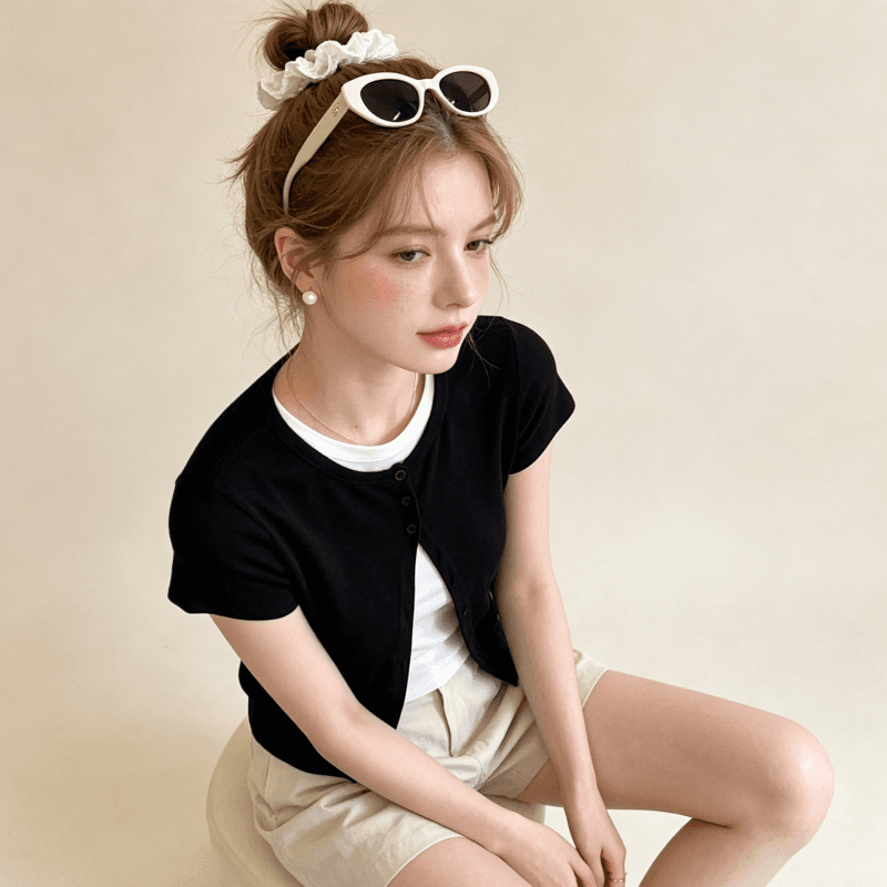 반팔 티셔츠 여성 의류 여름 새로운 트렌디 한 부서 몸매 가꾸기 슬림해 보이는 페이크 레이어드 단추 라운드 넥 맨위 상세 이미지 4