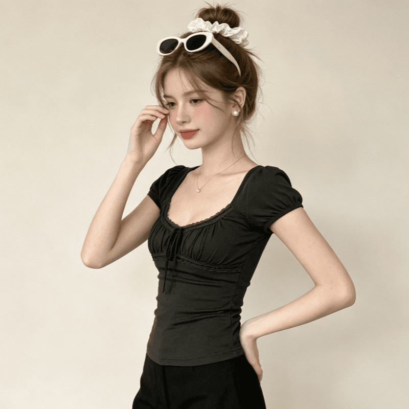 회색 긍정적 인 어깨 u 칼라 반팔 티셔츠 여성 여름 레이스 레이스 핫걸 작은 셔츠 몸매 가꾸기 허리 수축 맨위 이미지 4