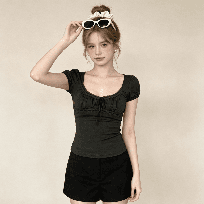 회색 긍정적 인 어깨 u 칼라 반팔 티셔츠 여성 여름 레이스 레이스 핫걸 작은 셔츠 몸매 가꾸기 허리 수축 맨위 상세 이미지 2