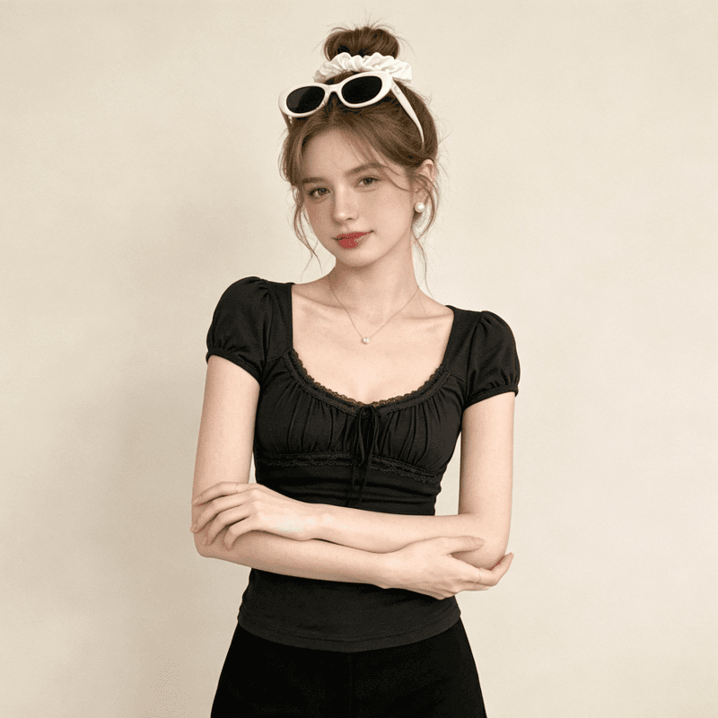 회색 긍정적 인 어깨 u 칼라 반팔 티셔츠 여성 여름 레이스 레이스 핫걸 작은 셔츠 몸매 가꾸기 허리 수축 맨위 상세 이미지 5