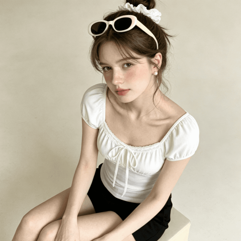 한 부서 디자인 센스 화이트 레이스업 연령 감소 슬림해 보이는 반팔 티셔츠 여성 여름 몸매 가꾸기 다용도 맨위
