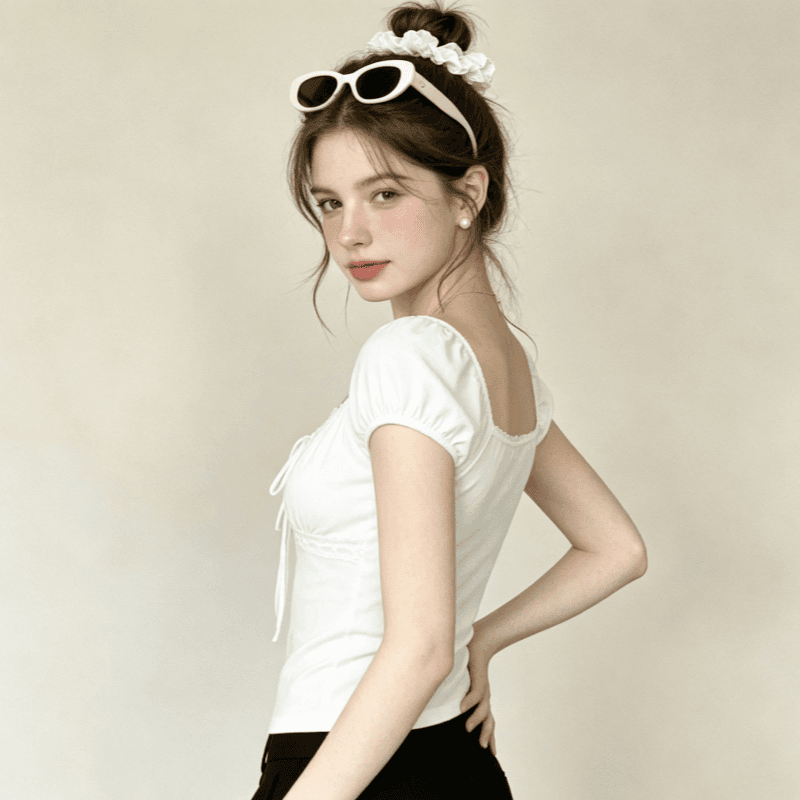한 부서 디자인 센스 화이트 레이스업 연령 감소 슬림해 보이는 반팔 티셔츠 여성 여름 몸매 가꾸기 다용도 맨위 상세 이미지 3