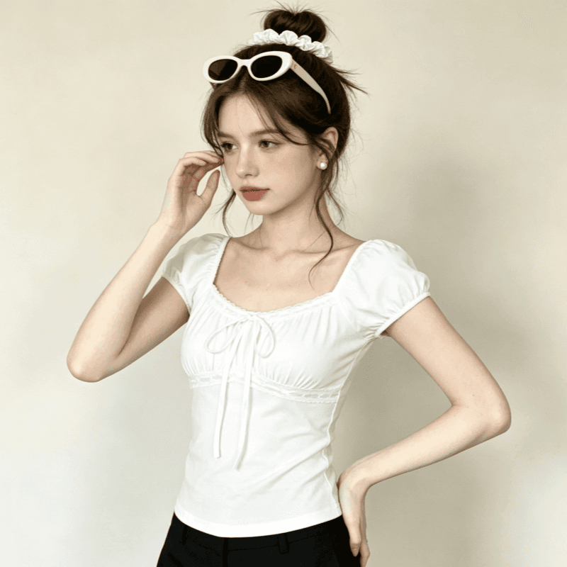한 부서 디자인 센스 화이트 레이스업 연령 감소 슬림해 보이는 반팔 티셔츠 여성 여름 몸매 가꾸기 다용도 맨위 상세 이미지 8