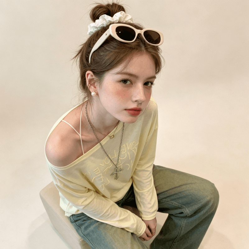 대나무 마디 리브 해변가 착용 가져 가라. 마이크로 ~을 통해 비스듬한 어깨 알파벳 황색 긴팔 티셔츠 여성 여름 루즈핏 자외선 차단 블라우스 맨위 이미지 5