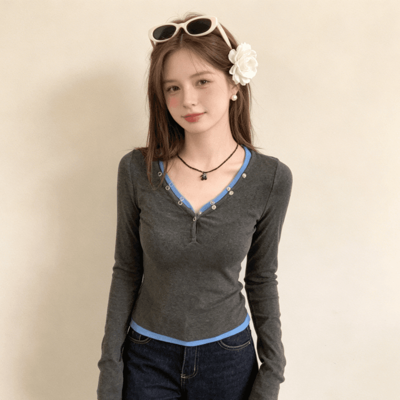 실사 페이크 레이어드 V넥 만나는 긴팔 티셔츠 여성 가을 홍콩 느낌 chic 몸매 가꾸기 다용도 맨위 상세 이미지 3